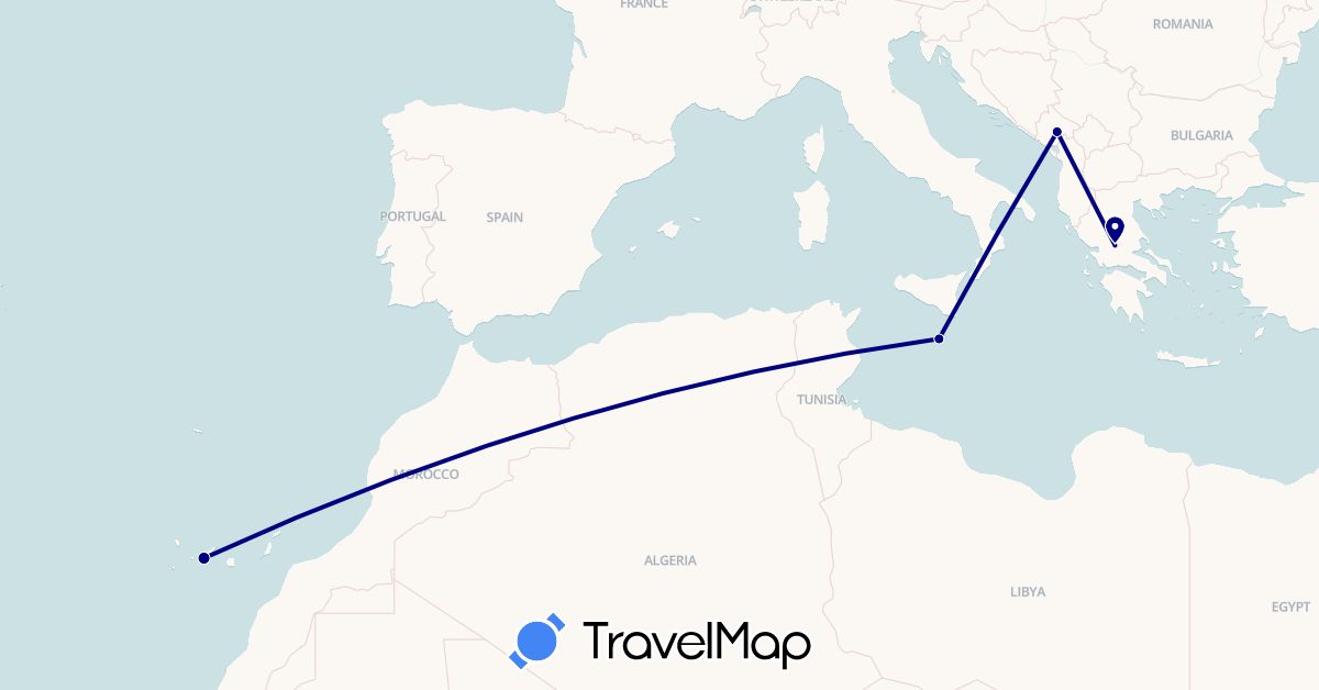 TravelMap itinerary: driving in Spain, Greece, Montenegro, Malta (Europe)